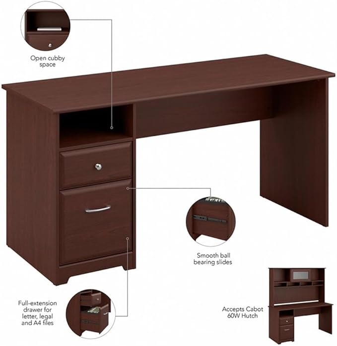 Bush Home Cabot 60W Computer Desk with Drawers in Harvest Cherry, Workstation and File Storage, Desktop with Organization Solution for Home Office
