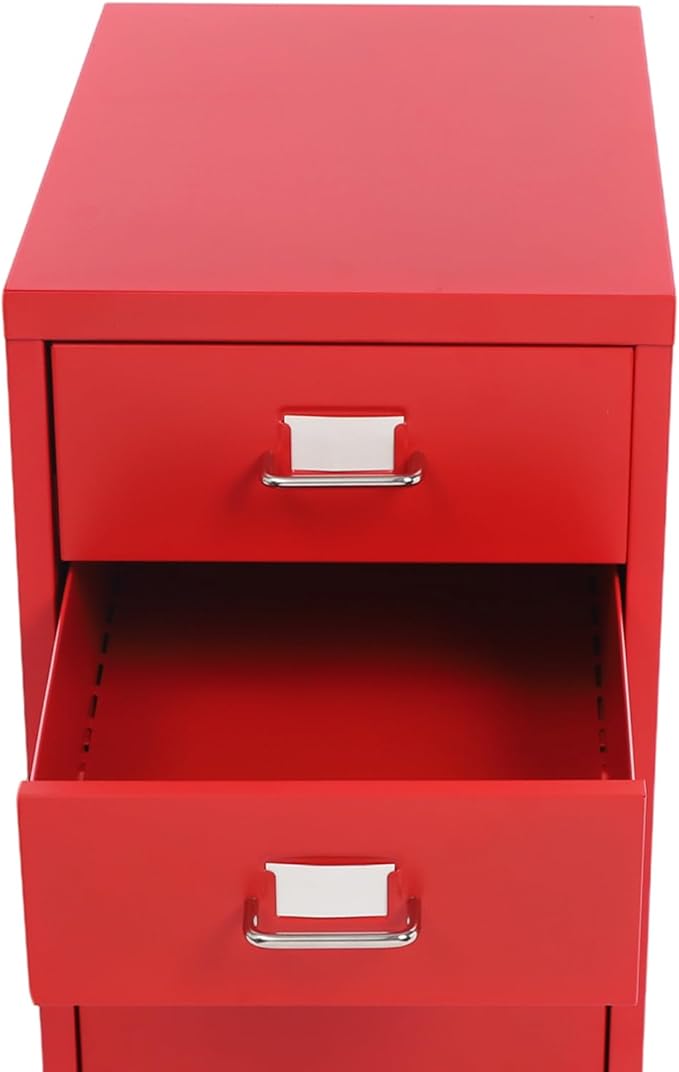File Cabinet, 3 Drawer Office Filing Cabinet Metal Storage Cabinet with Wheels for Home and Office, Under Desk Cabinet Rolling Storage Case for Notebooks Cosmetics (Red)