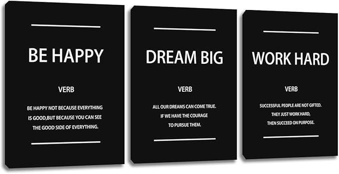 Unbruvo Motivational Office Wall Art, 3 Pieces Inspirational Canvas Wall Art, Dream Big Be Happy Work Hard Prints Poster Wall Decor for Living Room BedRoom Dorm(60" Wx28 H)