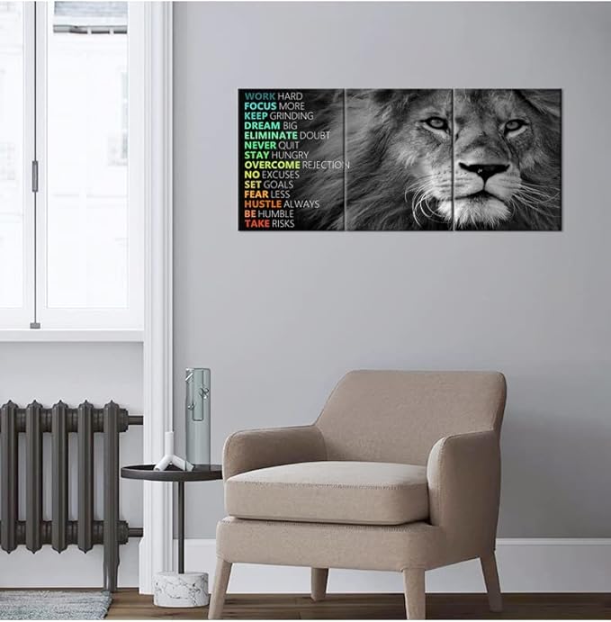 Inspirational Lion Wall Art 3 Pieces Poster Motivational Canvas Positive Wall Art Quotes Success Canvas Artwork Picture Print Framed for Home Office Living Room Gym Wall Decor [36''Wx 16''H]