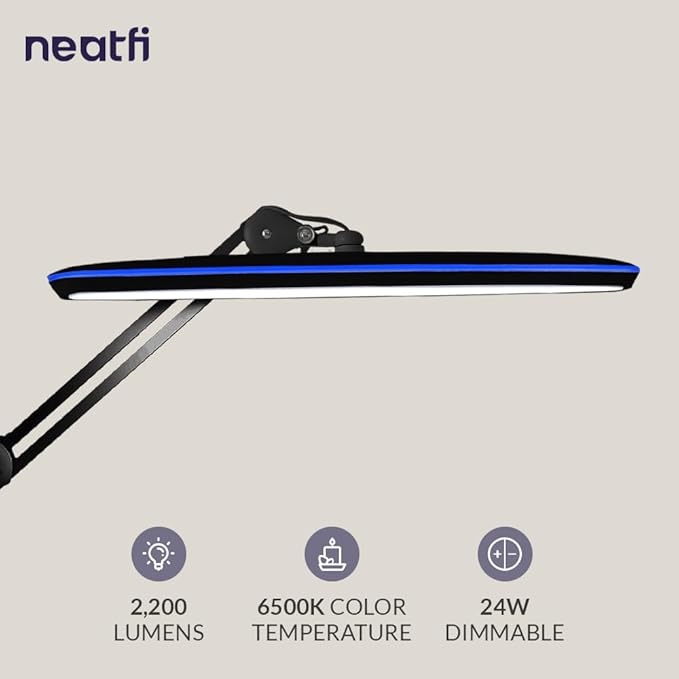 Neatfi XL 2,200 Lumens 24W LED Desk Lamp – 23” Wide Shade | Dimmable Eye-Caring Task Light | Adjustable Arm | Home Office, Study, Crafts & Nail Tech (Black, Non-CCT with Clamp)