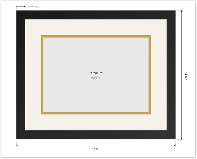 CountryArtHouse Diploma Frame Fits 11.69 x 8.27 A4 Certificate - Keepsake Graduation Display Museum Gold Genuine Hardwood with Navy Blue Over Metallic Gold Double mat