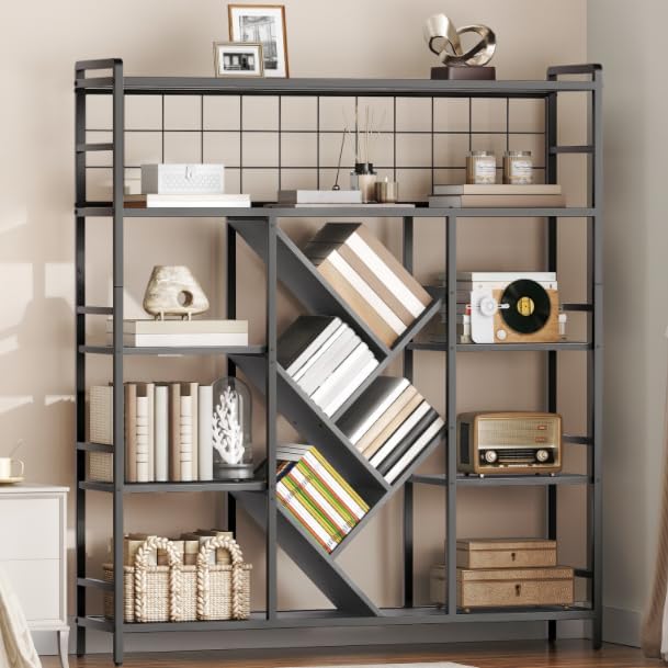 Triple 5-Tier Bookshelf, Industrial Large Wide Bookcase with 14 Open Display Shelves, Modern Tree Bookcase Metal Frame Bookshelf with Hanging Function for Living Room Home Office, Black