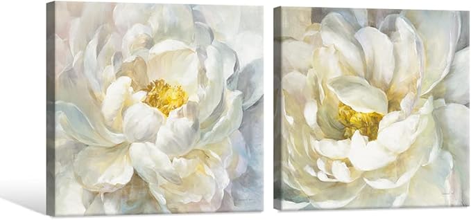 SEVEN WALL ARTS Peony Flower Canvas Wall Art Peonies Floral Pictures Set Abstract White and Yellow Blossom Paintings for Bedroom Living Room Home Office Decor 24"x24"x2pcs