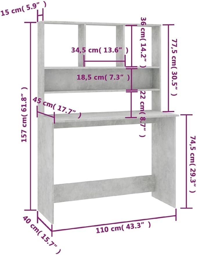 Modern Writing Computer Desk with Shelves and Upper Cabinet, Home Office Desk Writing Study Table PC Desk Workstation for Bedroom, Concrete Gray 43.3"x17.7"x61.8" Engineered Wood(B)