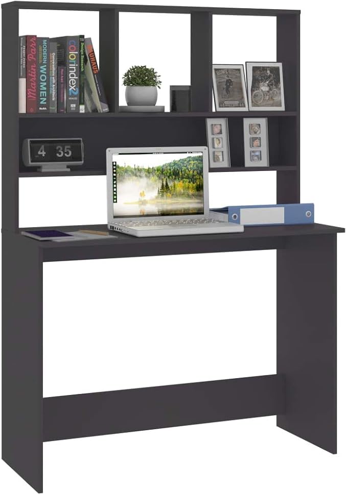 Modern Computer Desk Writing Study Table with Upper Cabinet, Home Office Student Table Laptop PC Writing Desk Home Office Writing Desk, Gray 43.3"x17.7"x61.8"