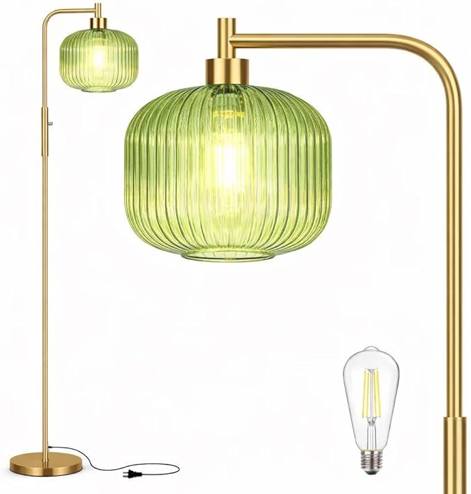 Glass Floor Lamp for Living Room, Dimmer Standing Lamp with Green Ribbed Lampshade,66” Tall Lamp & Gold Floor Lamp for Bedroom Study Room,Brushed Gold (Drum Green Glass Shade)