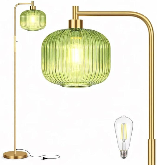Glass Floor Lamp for Living Room, Dimmer Standing Lamp with Green Ribbed Lampshade,66” Tall Lamp & Gold Floor Lamp for Bedroom Study Room,Brushed Gold (Drum Green Glass Shade)