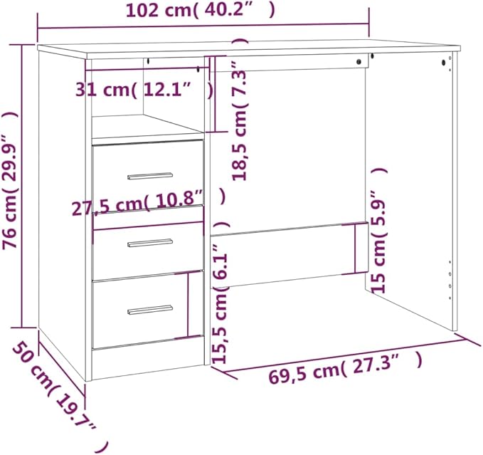 vidaXL Desk White Engineered Wood 40.2 in x 19.7 in x 29.9 in Desk
