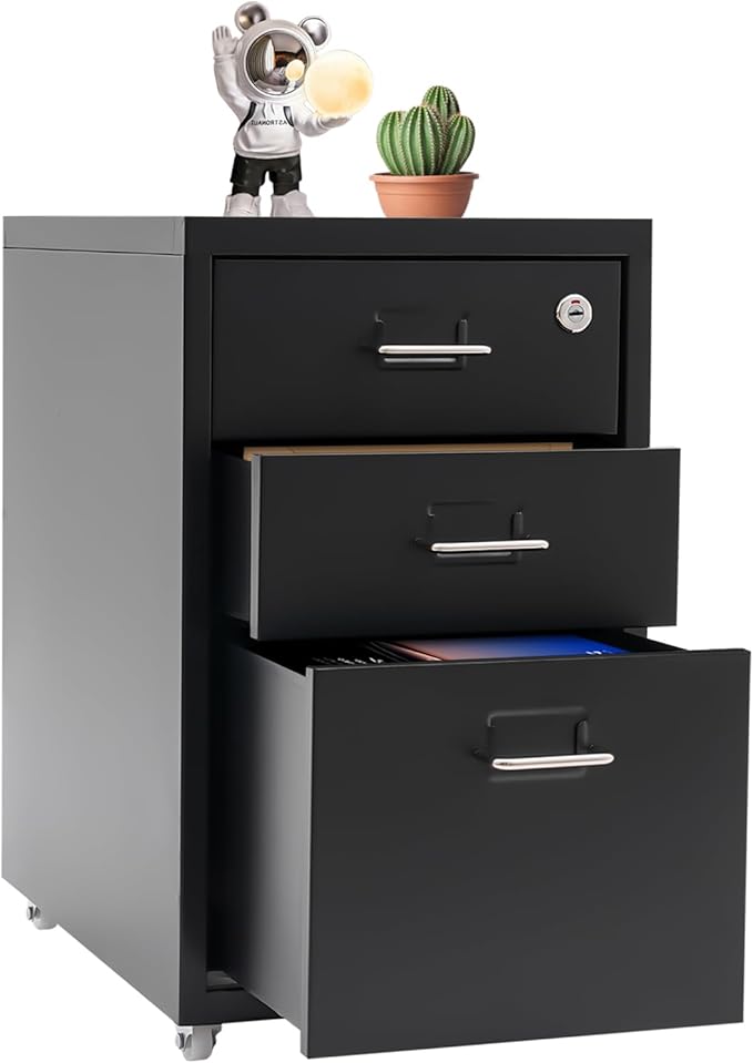 Vertical File Cabinet, 3-Drawer Metal Mobile File Cabinet with Lock, 11 * 16 * 18.3In Filing Cabinet Under Desk with Tag Jacks for Home Office (Black)