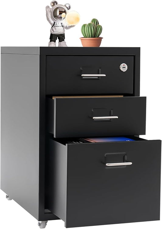 3-Drawer Vertical File Cabinet, 11*16*18.3in Rolling File Cabinet, Mobile Organizer Storage Cabinet with Lock, Office Filing Storage Cabinet Under Desk fits A4 Size, for Home Office (Black)