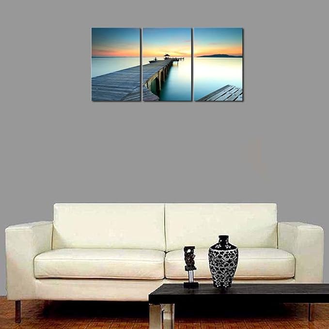 Wieco Art Bridges over the Sea Large Canvas Prints Wall Art Seascape Pictures Paintings for Bathroom Living Room Home Decorations 3 Panels Modern Gallery Wrapped Ocean Sea Beach Giclee Artwork L