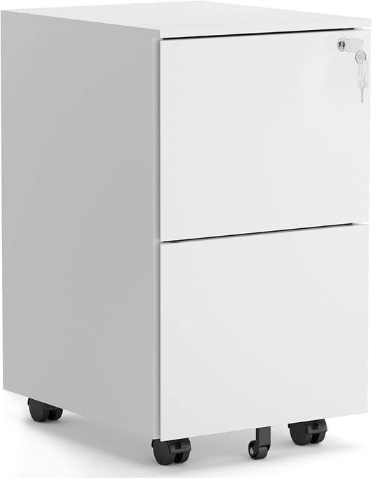 2 Drawer Locking File Cabinet with Wheels, Mobile Metal Filing Cabinet for Home and Office, Steel, White