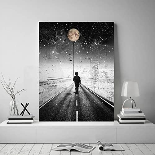 Yatsen Bridge The Road Inspirational Canvas Wall Art, Boy Walking in the Moonlight Canvas Picture Art Print, Modern House Wall Decorations Stretched and Framed Ready to Hang - 18x24 inches