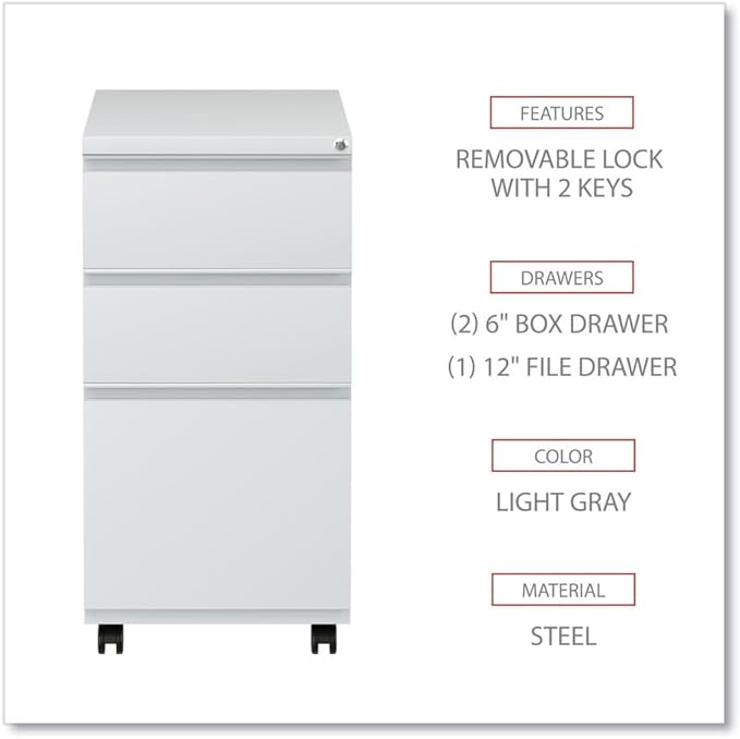 Alera PBBBFLG Three-Drawer Pedestal File with Full-Length Pull, 14 7/8 x 19 1/8, Light Gray