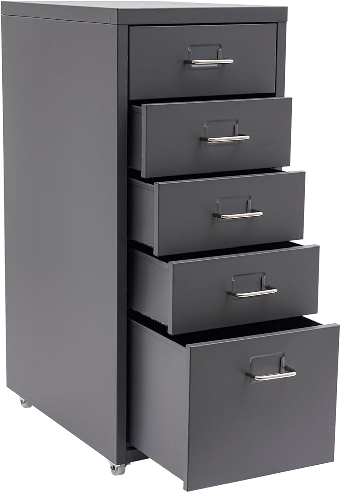 Metal File Storage Cabinet, 5 Drawer Vertical Filing Cabinets with Wheels Under Desk Storage Drawers, 11 * 16.1 * 27.1in Mobile File Cabinets Under Desk Cabinet for Bedroom, Office (Grey)