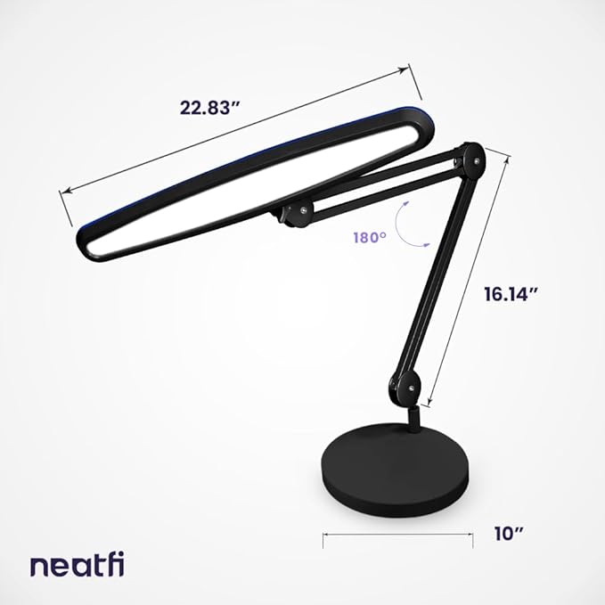 Neatfi XL 24W LED Desk Lamp with Base – 2,200 Lumens | 23” Wide Shade | Dimmable Eye-Caring Task Light | Adjustable Arm | Office, Study, Crafting & Nail Techs (Black, Non-CCT with Base)