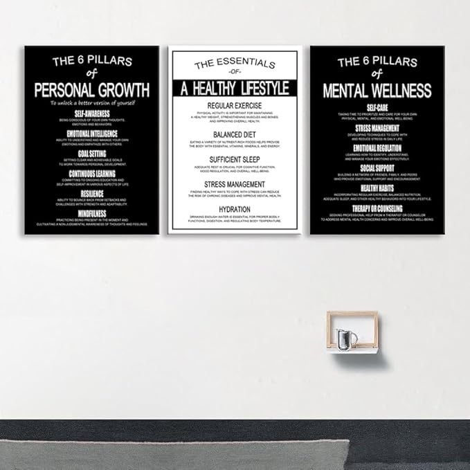 Motivational Wall Decor The 6 Pillars of Personal Growth, Mental Wellness & Healthy Lifestyle Posters - Set of 3 Inspirational Wall Art Prints for Office Home Gym Framed [36''Wx 16''H]
