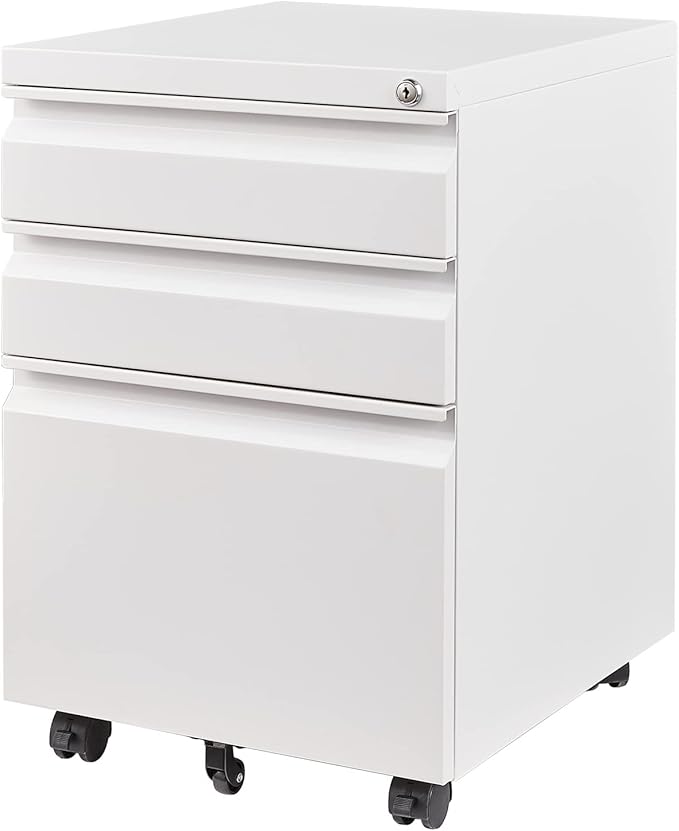 Yizosh 3 Drawer Mobile File Cabinet with Lock, White Under Desk Rolling Filing Cabinet, Metal Locking File Cabinet on Wheels for Legal/Letter/A4 File (Required Assemble)