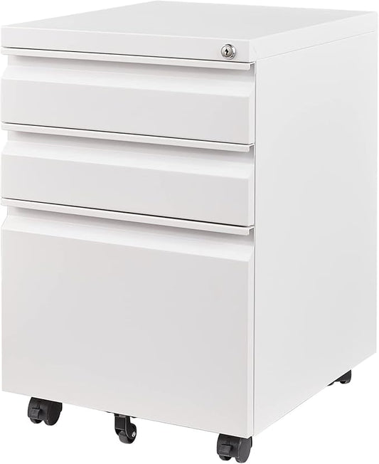 Yizosh 3 Drawer Mobile File Cabinet with Lock, White Under Desk Rolling Filing Cabinet, Metal Locking File Cabinet on Wheels for Legal/Letter/A4 File (Required Assemble)