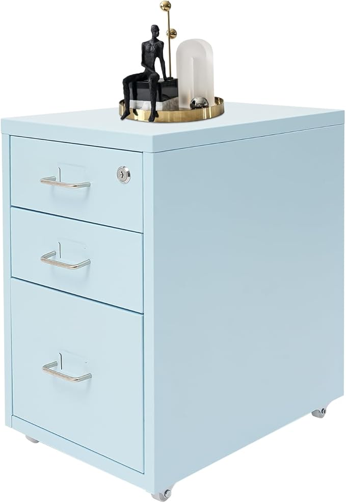 3 Drawer File Cabinet with Lock Vertical Filing Storage Cabinet Home Office Metal Vertical File Cabinets for Letter Legal A4 File Size, Assembly Required (Blue, 3 Drawer)