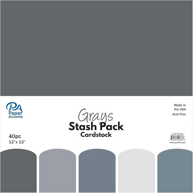 PA Paper Accents Stash Pack Cardstock Pack 12" x 12" Grays colored cardstock paper for card making, scrapbooking, printing, quilling and crafts, 65lb., 40 pieces