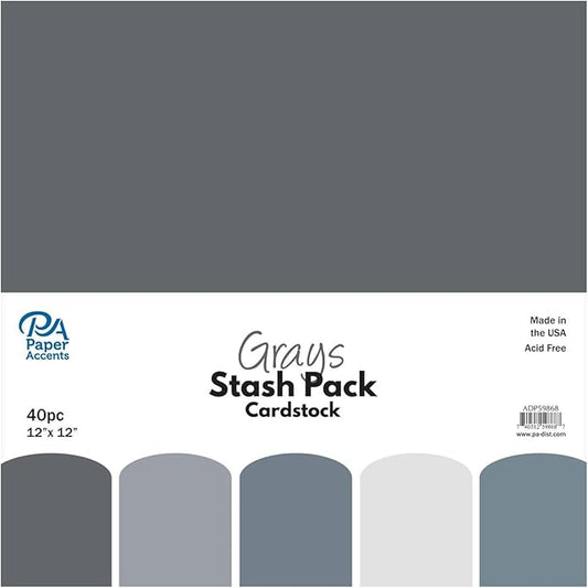 PA Paper Accents Stash Pack Cardstock Pack 12" x 12" Grays colored cardstock paper for card making, scrapbooking, printing, quilling and crafts, 65lb., 40 pieces
