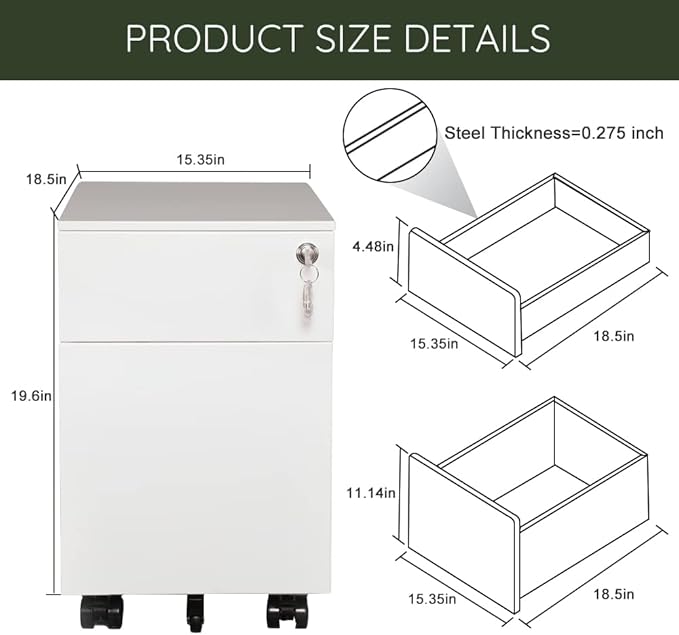2 Drawer Mobile File Cabinet for Storage Under Desk in Home Office, Mobile File Cabinet, Metal File Cabinet with Lock, Legal/Letter /A4/F4 Size, Fully Assembled, Including Wheels, White