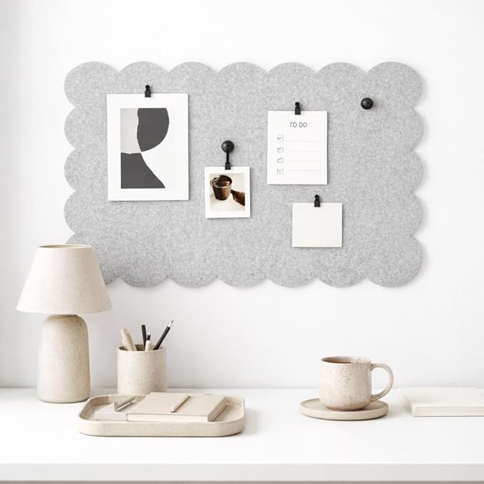 Orelle Scalloped Felt Bulletin Board | 35 x 23” | Foldable Peel and Stick Felt Board for Wall | Alternative Cork Board for Office, Message Board, Kids Art Display | Heather Gray