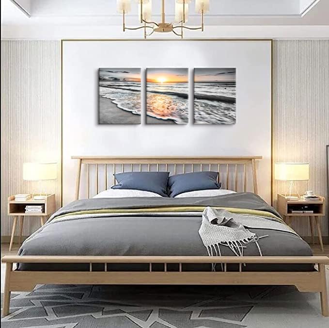 Bamdeya Bathroom Wall Decorations 3 Piece Black and White Picture Framed Wall Art Bedroom Beach Canvas Prints Photos Ocean Painting Sunset Poster Sea Artwork for Office Dining Room Decor 12x16x3pcs