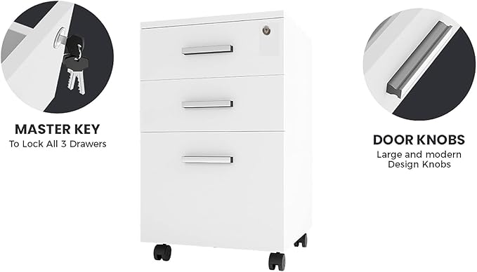 Lateral Filing Cabinet with Lock, 360 Degree Casters, Large Capacity Spacious Desktop & Heightening Design, File Cabinet 3 Drawer Rolling Office Bookcase for Home, Office White