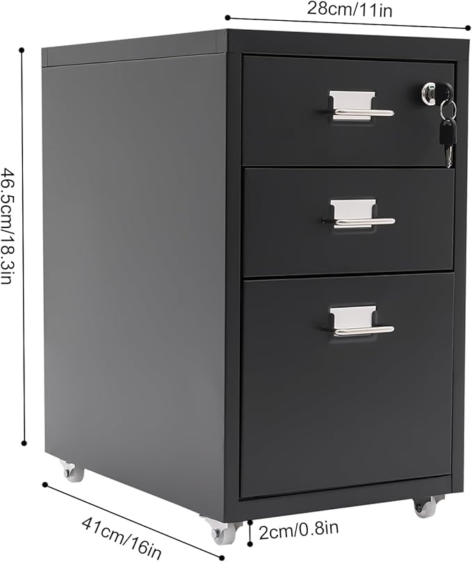 3-Drawer Vertical File Cabinet, 11*16*18.3in Rolling File Cabinet, Mobile Organizer Storage Cabinet with Lock, Office Filing Storage Cabinet Under Desk fits A4 Size, for Home Office (Black)