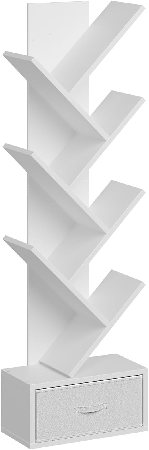 Rolanstar 7 Tier Bookshelf with Drawer, Tree Bookshelf, Small Bookshelves with Storage Rack for CDs/Movies/Books, Standing Book Shelf, Tall Narrow Bookcase for Living Room, Bedroom, White