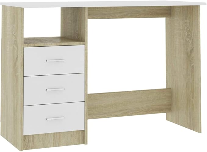 Modern Writing Computer Desk with 3 Drawers, Home Office Desk Writing Study Table PC Desk Workstation for Bedroom, White and Sonoma Oak 43.3"x19.7"x29.9" Engineered Wood(I)