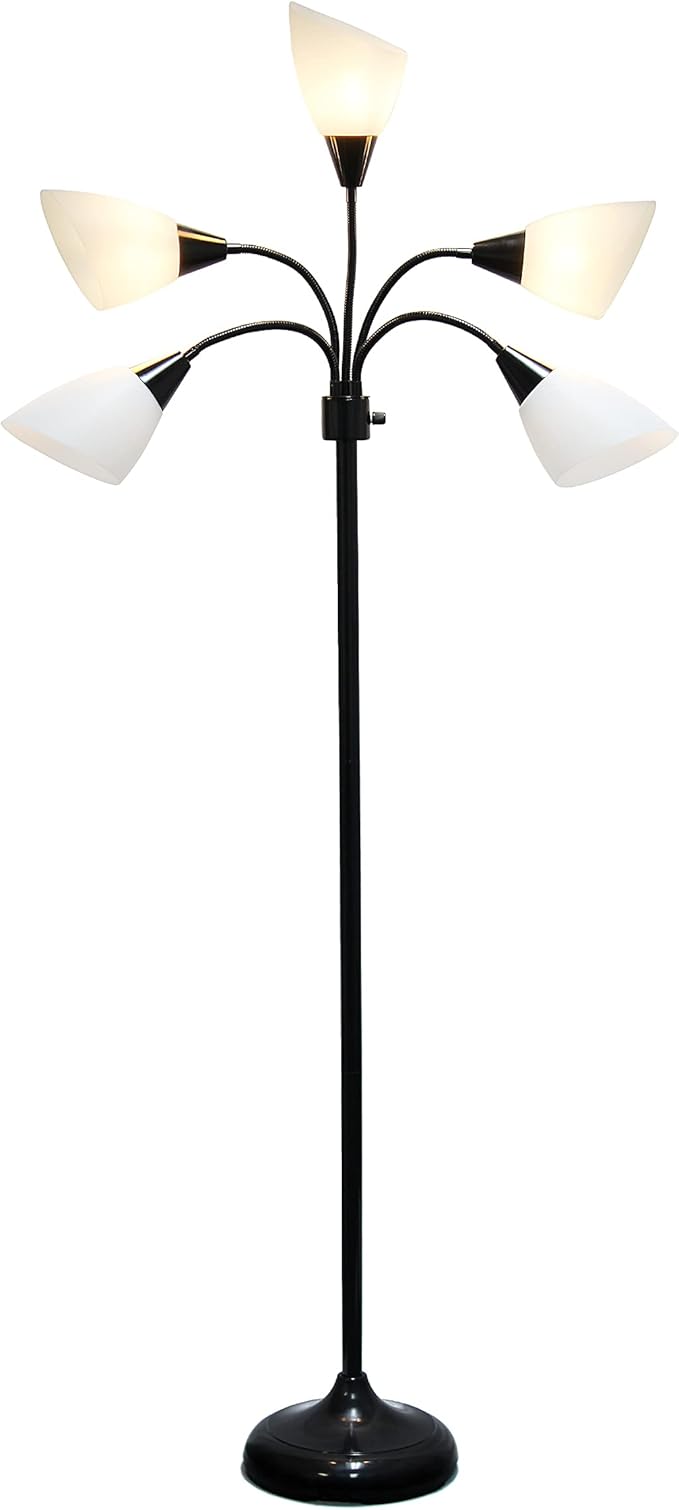 Simple Designs LF2006-BAW 67" Contemporary Multi Head Medusa 5 Light Adjustable Gooseneck Black Floor Lamp with White Shades for Kids Bedroom Playroom Living Room Office (Pack of 2)