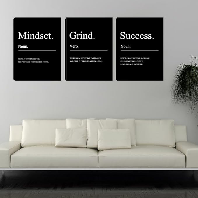 Motivational Canvas Wall Art 3 Pieces Entrepreneur Mindset Quotes Posters Room Decor for Men for Office Inspirational Success Black Canvas Prints Wall Art Home Framed Decor (48" Wx24 H)