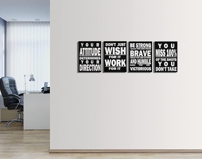 Deergar 4pcs 12x16 inches Black and White Inspirational Wall Art, Modern Art Deco, Motivation Quotes, Office Art, Positive Poster, Wooden Wall Mount, 4 count