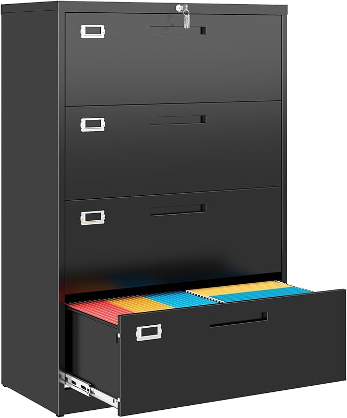 4 Drawer File Cabinet, Locking Lateral Filing Cabinet for Home Office, Black File Cabinets with Business Card Holder for Letter/Legal/F4/A4 Hanging Files