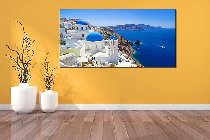 Large Canvas Print Wall Art Santorini in Greece Painting Wall Decor, Blue Coastal Landscape Artwork Seascape Pictures for Living Room, Bedroom, Office Decoration - 20"x40"