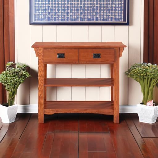 Leick Home Mission Impeccable Bookshelf, Solid Wood, 2 Drawers, 2 Shelves, Slatted Sides, Blackened Hardware, Easy Assembly, Russet Brown, 12 in D x 34 in W x 30 in H, Item 8261