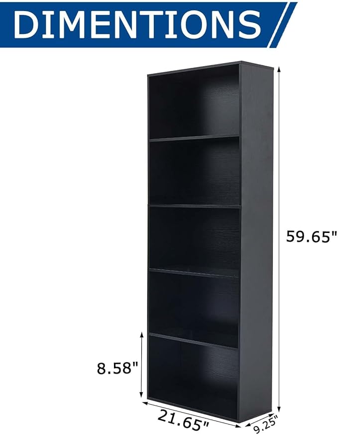 Tall Bookshelves with Cabinet, Office Storage Cabinets and Bookshelf, 5-Tier Wooden Bookcase with Storage, Floor Standing Display Cabinet Shelves for Living Room, Home Office, Black