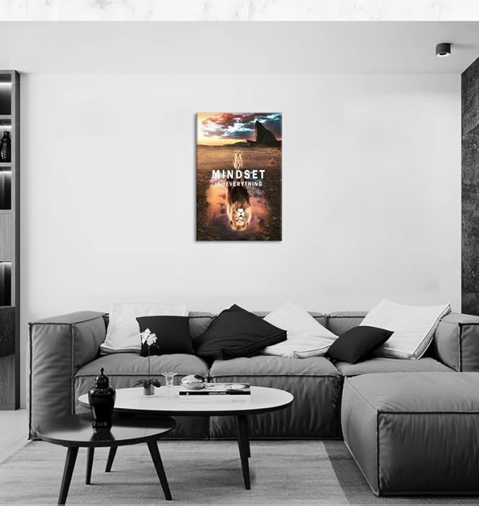 Mindset is Everything Inspirational Canvas Wall Art Small Cat and Big Lions Entrepreneur Quotes Poster Print Artwork Painting Picture for Home Office Living room Wall Decor Framed[24" W x 36" H]