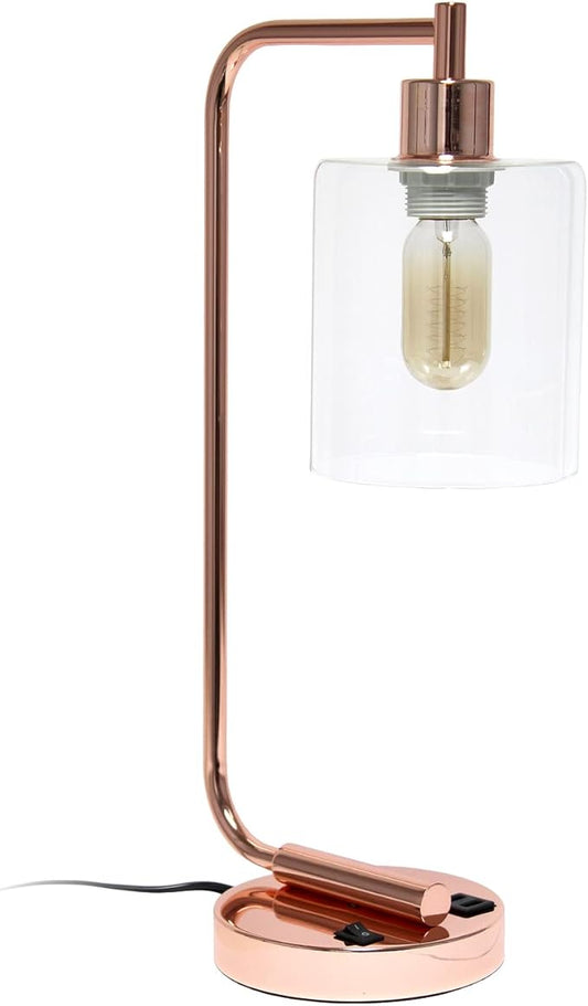 Simple Designs LD1066-RGD Bronson Antique Style Industrial Iron Lantern Desk Bedside Table Lamp with Dual 2 USB Charging Ports and Glass Shade, Rose Gold