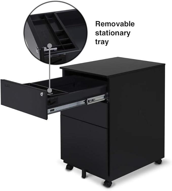 Aurora FC-103BK Modern SOHO Design 3-Drawer Metal Mobile File Cabinet with Lock Key Sliding Drawer, Fully Assembled, Black