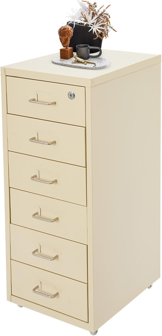Vertical File Cabinets | 6 Drawer File Cabinet with Lock | Steel Lockable Storage Cabinets | Metal S-torage Cabinet for Home Office | storage A4/F4/Letter/Legal | With 4 Wheels | 2X Keys (Beige)