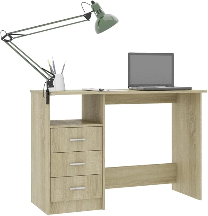 Modern Writing Computer Desk with 3 Drawers, Home Office Desk Writing Study Table PC Desk Workstation for Bedroom, Sonoma Oak 43.3"x19.7"x29.9" Engineered Wood(I)