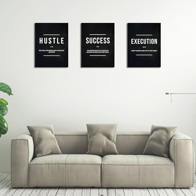 Unbruvo Hustle Success Execution Wall Art for Office, Inspirational Motivational Wall Decor, 3 Pieces Positive Quotes Canvas Wall Art for Entrepreneur Living Room Bedroom(48''Wx 24''H)