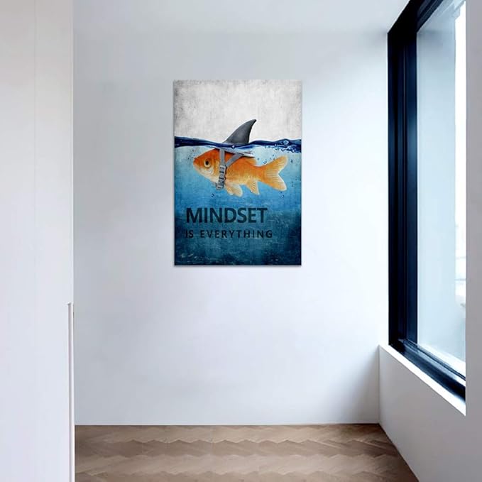 Inspirational Wall Art Posters Mindset is Everything Canvas Painting Goldfish Shark Pictures Print Poster Artwork Wooden Home Decor for Living Room Bedroom Office Framed Ready to Hang (24"Wx36"H)