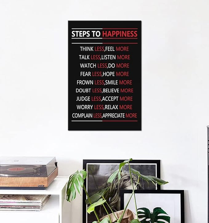 Motivational Steps For Happiness Wall Art for Office Inspiring Positive Poster Inspirational Affirmative Canvas Painting Prints Wall Pictures for Living Room Home Decor Framed Artwork [12''W x 18''H]