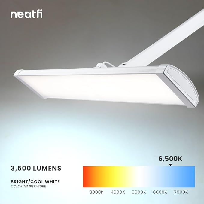 Neatfi Ultra 3,500 Lumens LED Desk Lamp – 45W, 26” Wide Metal Shade, 270 SMD LEDs, Shadow-Free | Adjustable Brightness | Non-Flickering Task Light for Nail, Craft & Office (Non-CCT with Clamp, White)